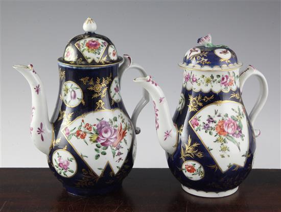 Two Worcester scale blue baluster coffee pots and covers, c.1770, 8.25in. & 9in., restorations